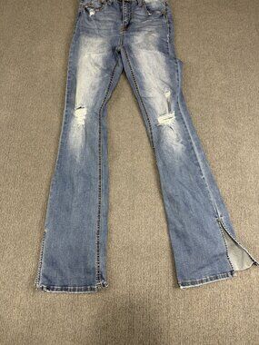Vanilla Star Skinny Kick Distressed Ripped Blue Jeans Slit Hem 3